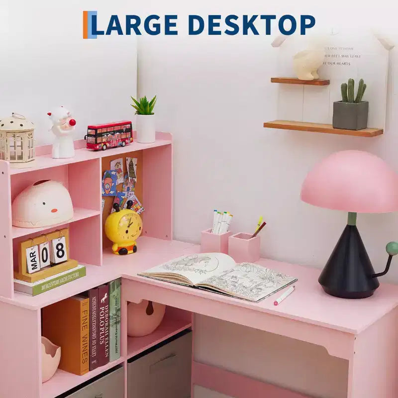 Kids Corner Desk, Desk and Chair Set for Children, L Shape Kids Study Table - Features Bulletin Board Open Shelves & Storage Cabinets