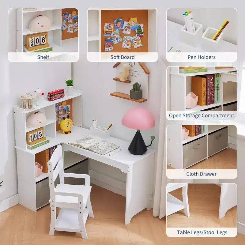 Kids Corner Desk, Desk and Chair Set for Children, L Shape Kids Study Table - Features Bulletin Board Open Shelves & Storage Cabinets