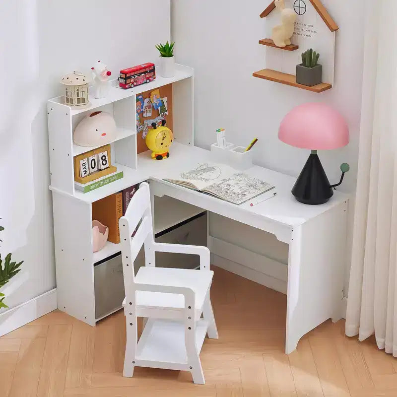 Kids Corner Desk, Desk and Chair Set for Children, L Shape Kids Study Table - Features Bulletin Board Open Shelves & Storage Cabinets