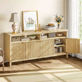 Natural Fluted Storage Cabinet, 65in Wide Sideboard Buffet Cabinet with Adjustable Shelves and Golden Handles, Accent Coffee Bar Cabinet for Kitchen