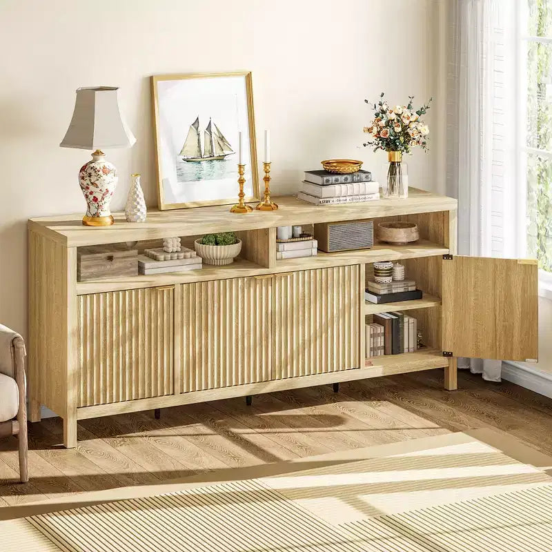 Natural Fluted Storage Cabinet, 65in Wide Sideboard Buffet Cabinet with Adjustable Shelves and Golden Handles, Accent Coffee Bar Cabinet for Kitchen