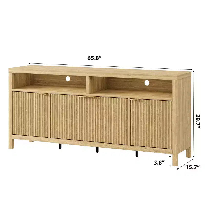 Natural Fluted Storage Cabinet, 65in Wide Sideboard Buffet Cabinet with Adjustable Shelves and Golden Handles, Accent Coffee Bar Cabinet for Kitchen