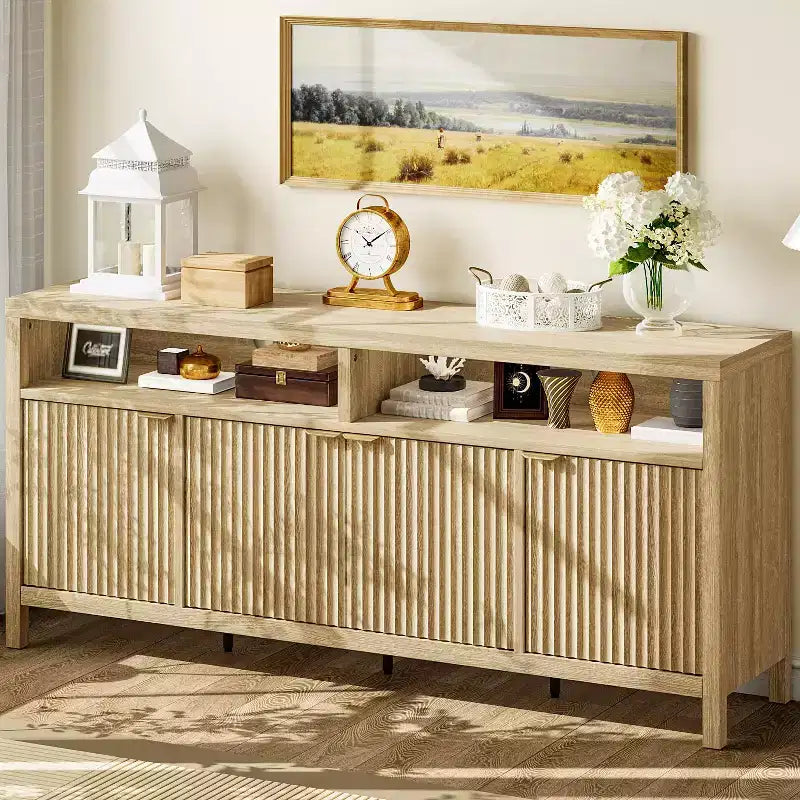 Natural Fluted Storage Cabinet, 65in Wide Sideboard Buffet Cabinet with Adjustable Shelves and Golden Handles, Accent Coffee Bar Cabinet for Kitchen
