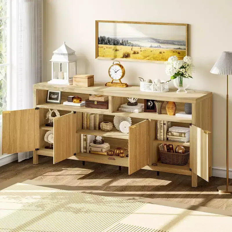 Natural Fluted Storage Cabinet, 65in Wide Sideboard Buffet Cabinet with Adjustable Shelves and Golden Handles, Accent Coffee Bar Cabinet for Kitchen