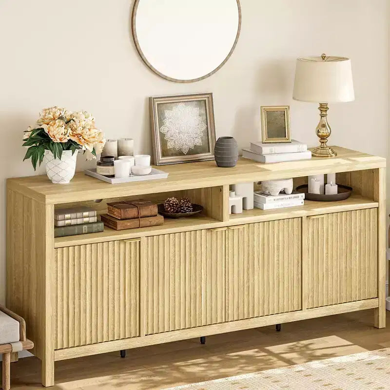 Natural Fluted Storage Cabinet, 65in Wide Sideboard Buffet Cabinet with Adjustable Shelves and Golden Handles, Accent Coffee Bar Cabinet for Kitchen