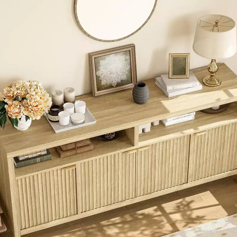 Natural Fluted Storage Cabinet, 65in Wide Sideboard Buffet Cabinet with Adjustable Shelves and Golden Handles, Accent Coffee Bar Cabinet for Kitchen