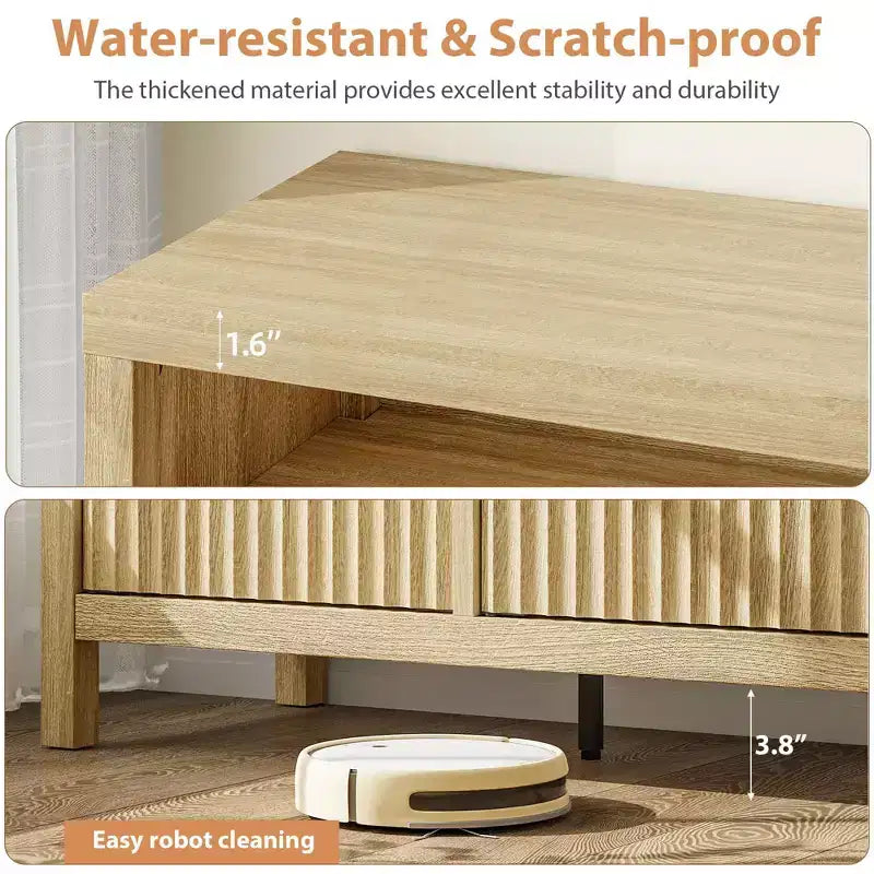Natural Fluted Storage Cabinet, 65in Wide Sideboard Buffet Cabinet with Adjustable Shelves and Golden Handles, Accent Coffee Bar Cabinet for Kitchen