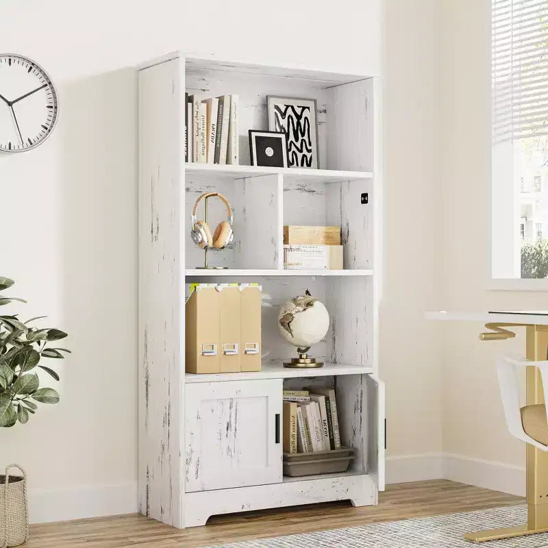 Wooden Modern Storage Rack, Farmhouse Bookshelf, White Bookcase with Door, Bedroom Storage, for Bedroom, Living Room, Home, Office
