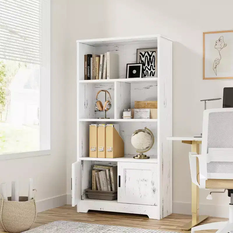 Wooden Modern Storage Rack, Farmhouse Bookshelf, White Bookcase with Door, Bedroom Storage, for Bedroom, Living Room, Home, Office