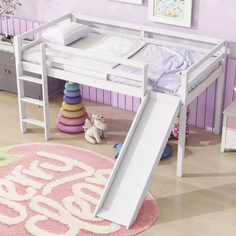 MAYEERTY Twin Low Loft Bed with Slide, Ladder, Safety Guardrails White