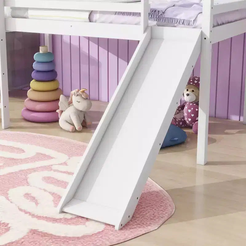MAYEERTY Twin Low Loft Bed with Slide, Ladder, Safety Guardrails White