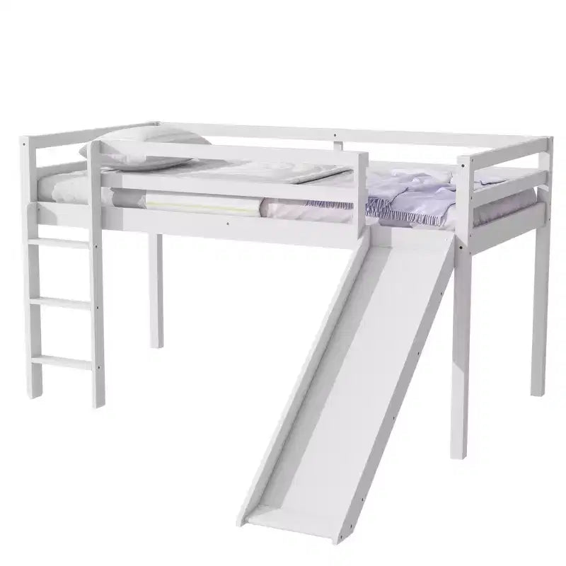 MAYEERTY Twin Low Loft Bed with Slide, Ladder, Safety Guardrails White