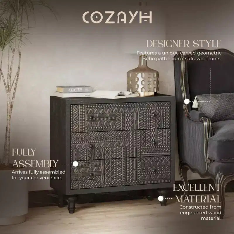 COZAYH Farmhouse 3 Drawer Home Bedroom Dresser with Geometric Pattern, Black