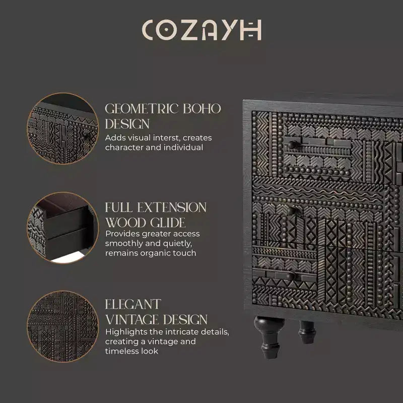 COZAYH Farmhouse 3 Drawer Home Bedroom Dresser with Geometric Pattern, Black