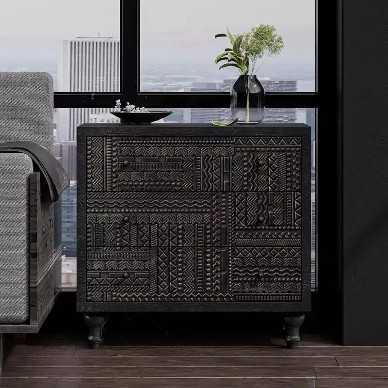 COZAYH Farmhouse 3 Drawer Home Bedroom Dresser with Geometric Pattern, Black