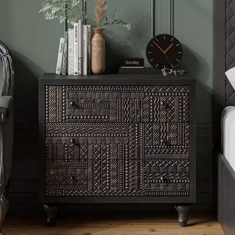 COZAYH Farmhouse 3 Drawer Home Bedroom Dresser with Geometric Pattern, Black