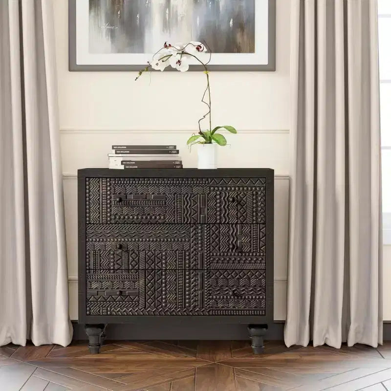 COZAYH Farmhouse 3 Drawer Home Bedroom Dresser with Geometric Pattern, Black