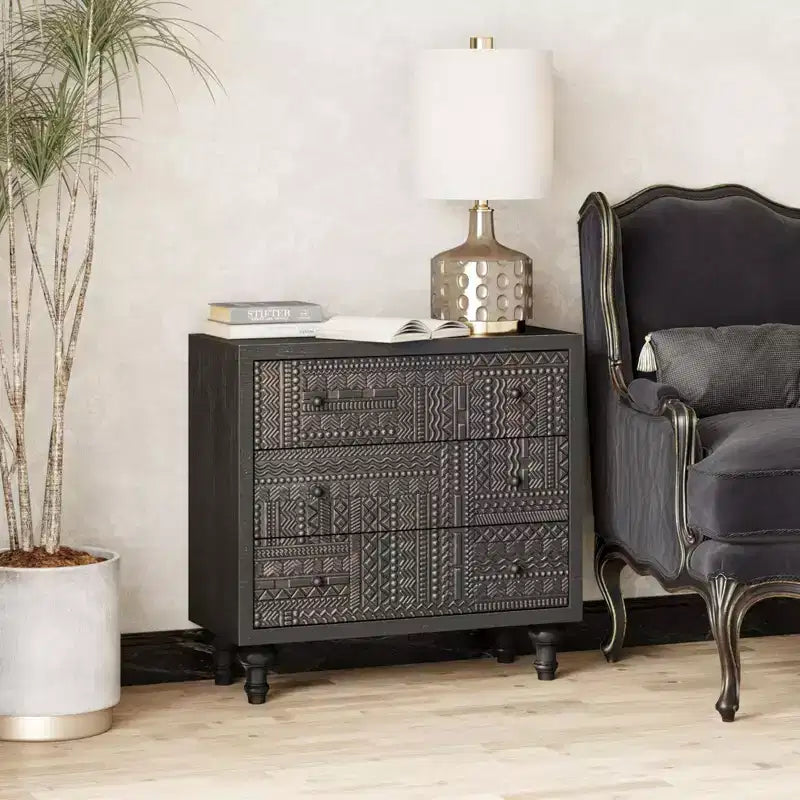 COZAYH Farmhouse 3 Drawer Home Bedroom Dresser with Geometric Pattern, Black