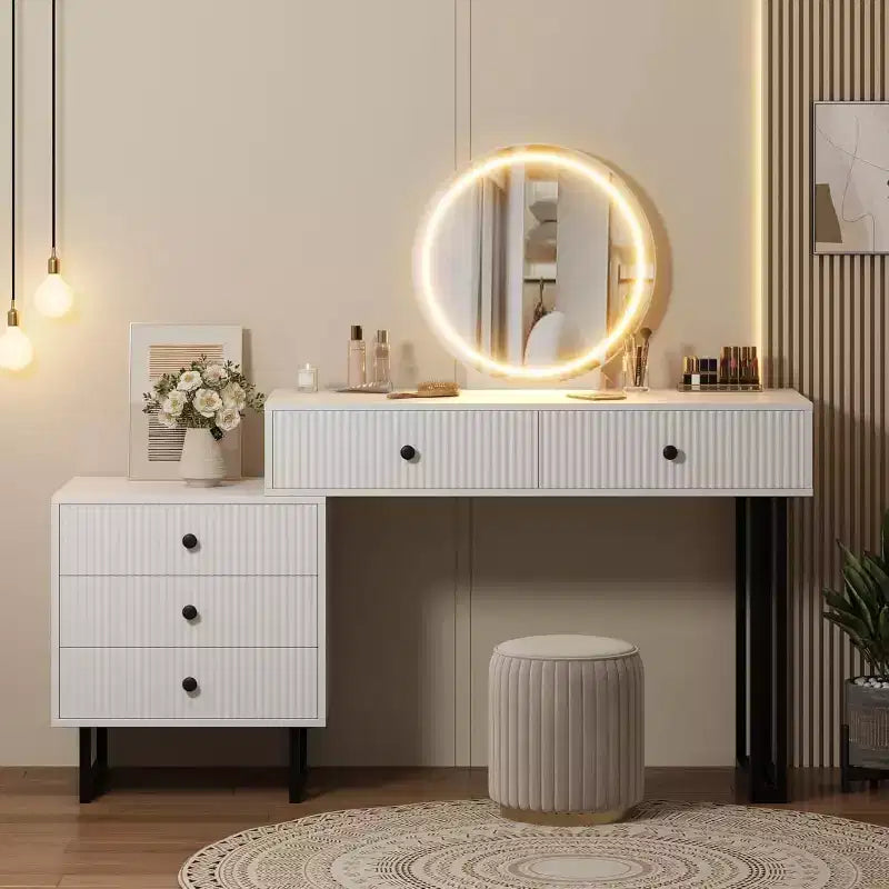 Vanity Desk with Mirror and Lights, Makeup Vanity with 5 Drawers, Modern Vanity Organizer with 3 Color Lights