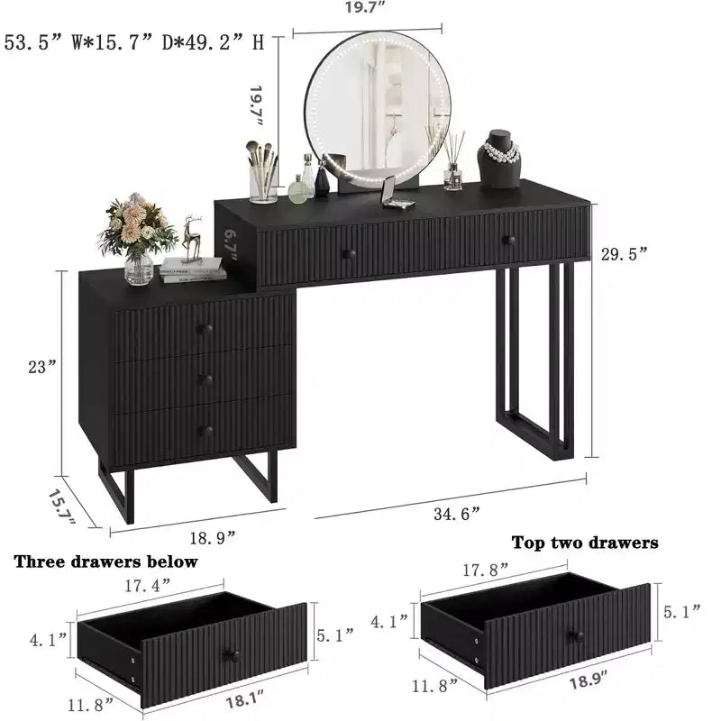 Vanity Desk with Mirror and Lights, Makeup Vanity with 5 Drawers, Modern Vanity Organizer with 3 Color Lights