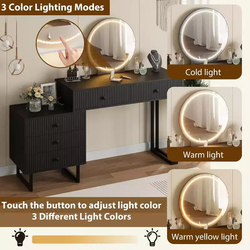 Vanity Desk with Mirror and Lights, Makeup Vanity with 5 Drawers, Modern Vanity Organizer with 3 Color Lights