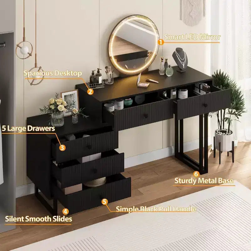 Vanity Desk with Mirror and Lights, Makeup Vanity with 5 Drawers, Modern Vanity Organizer with 3 Color Lights