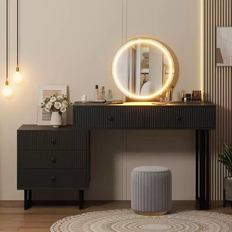 Vanity Desk with Mirror and Lights, Makeup Vanity with 5 Drawers, Modern Vanity Organizer with 3 Color Lights