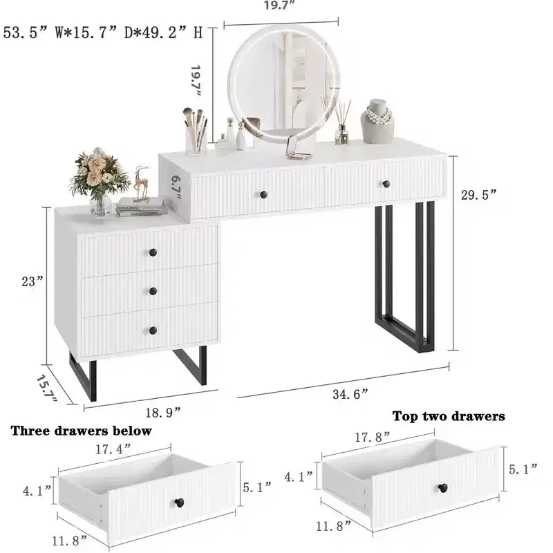Vanity Desk with Mirror and Lights, Makeup Vanity with 5 Drawers, Modern Vanity Organizer with 3 Color Lights