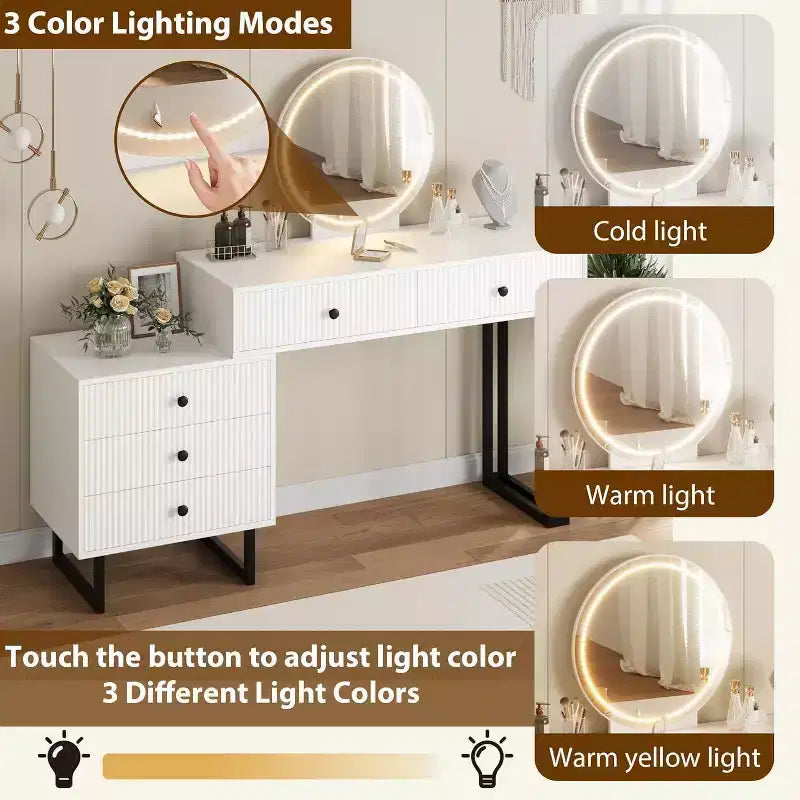 Vanity Desk with Mirror and Lights, Makeup Vanity with 5 Drawers, Modern Vanity Organizer with 3 Color Lights