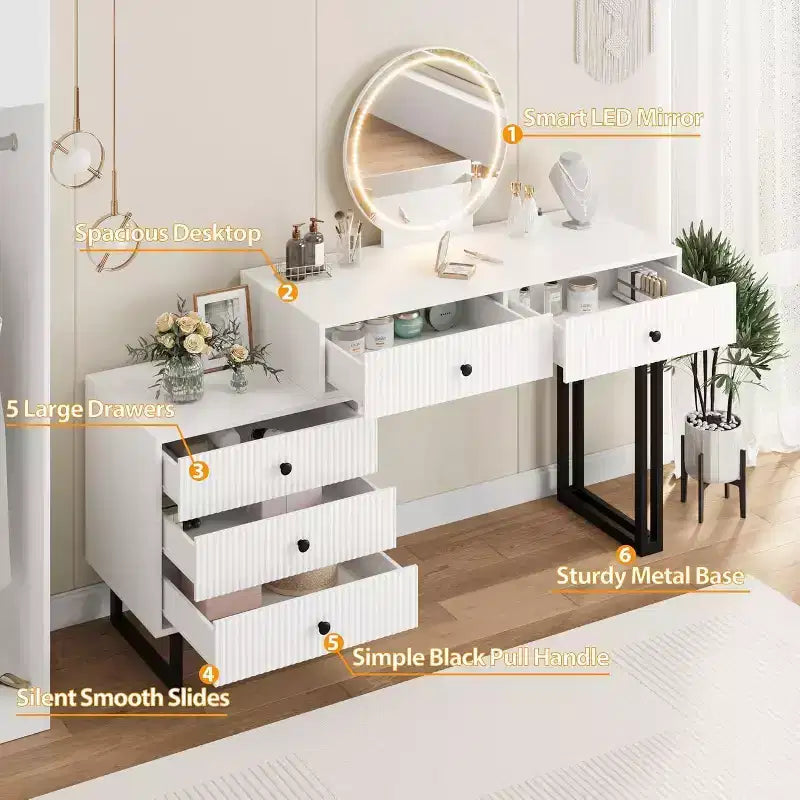 Vanity Desk with Mirror and Lights, Makeup Vanity with 5 Drawers, Modern Vanity Organizer with 3 Color Lights