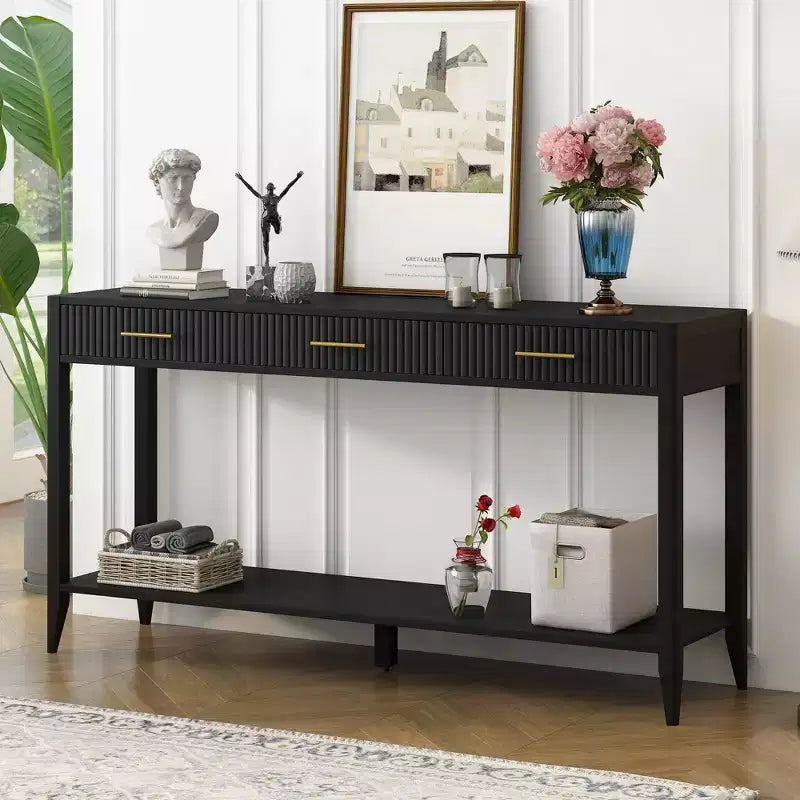 60 Painted Console Table with 3 Drawers Wooden Entryway Table with Storage Shelf Farmhouse Sofa Table for Living Room Beige