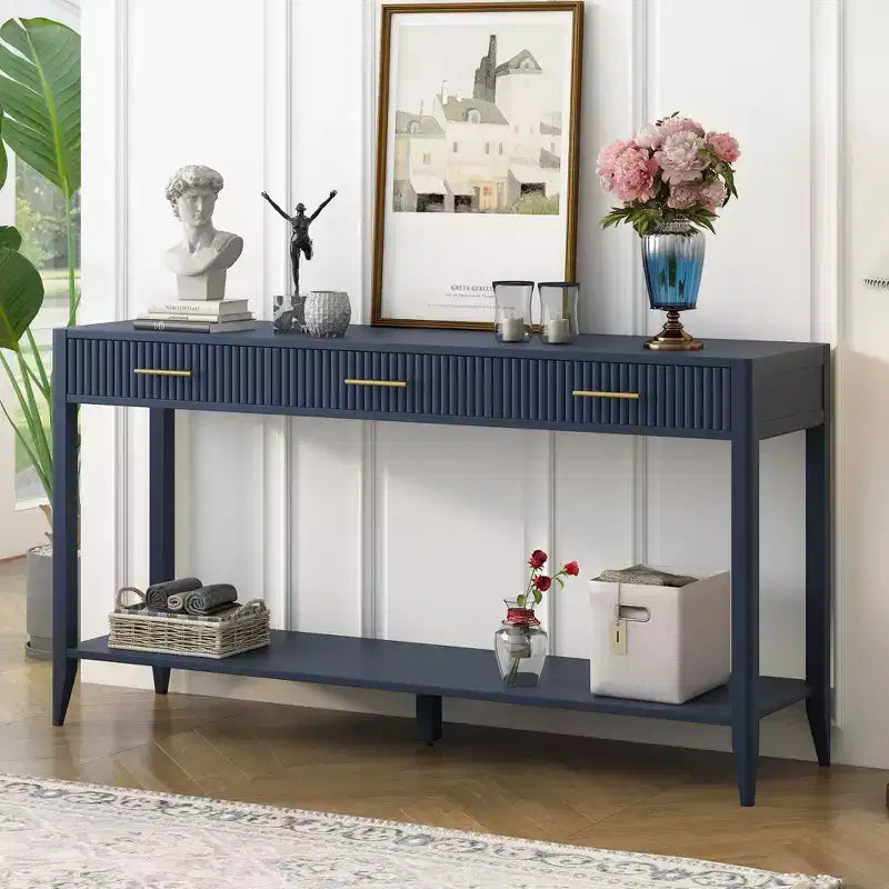 60 Painted Console Table with 3 Drawers Wooden Entryway Table with Storage Shelf Farmhouse Sofa Table for Living Room Beige