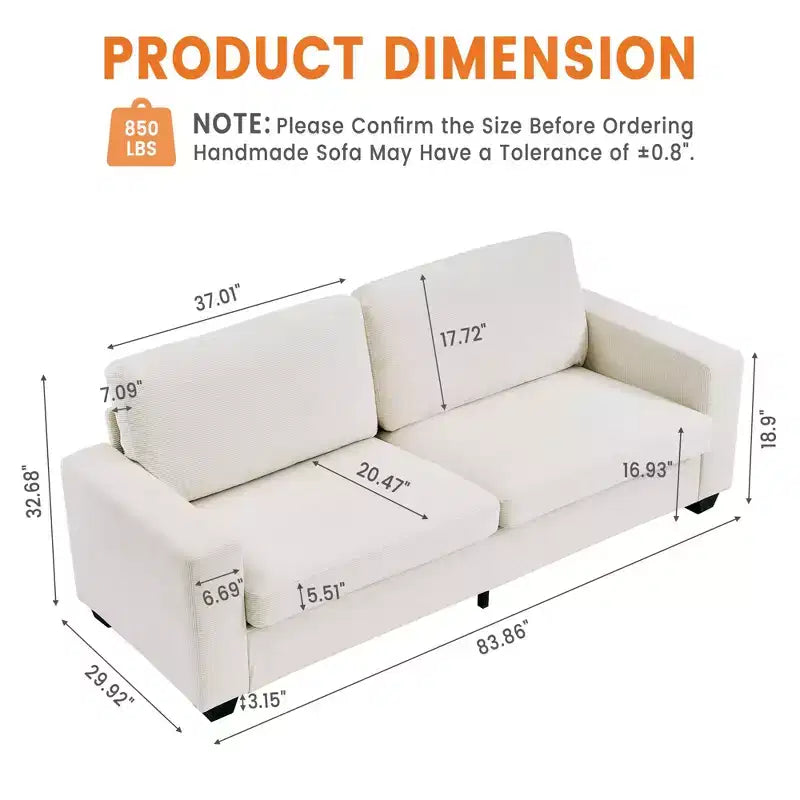 83 Comfy Corduroy Couches, Modern Upholstered Sofa with Wide Armrests, Cloud Couch with Deep Seat Sofa