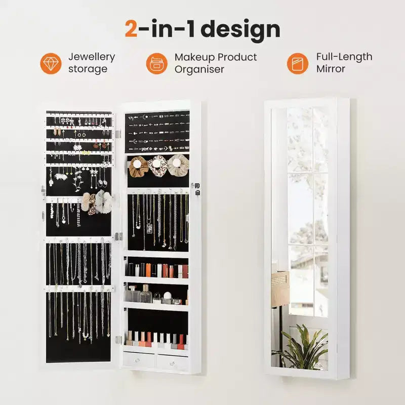 MAYEERTY 47.2in Wall Mounted Jewelry Armoire Door Hanging Large Capacity with 6 LEDs Lockable Organizer Cabinet Built In Mirror