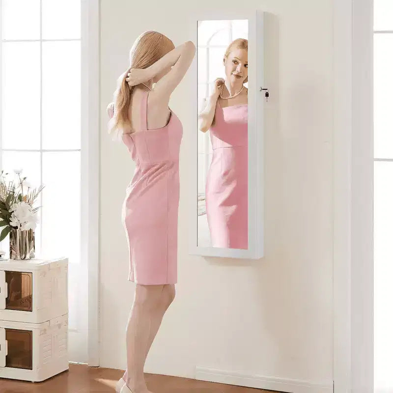 MAYEERTY 47.2in Wall Mounted Jewelry Armoire Door Hanging Large Capacity with 6 LEDs Lockable Organizer Cabinet Built In Mirror