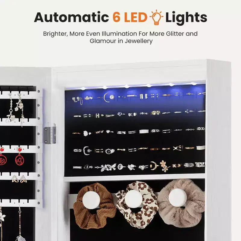 MAYEERTY 47.2in Wall Mounted Jewelry Armoire Door Hanging Large Capacity with 6 LEDs Lockable Organizer Cabinet Built In Mirror