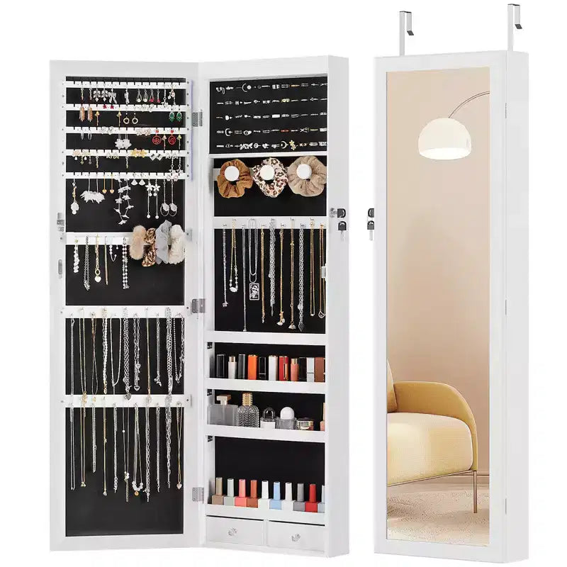 MAYEERTY 47.2in Wall Mounted Jewelry Armoire Door Hanging Large Capacity with 6 LEDs Lockable Organizer Cabinet Built In Mirror