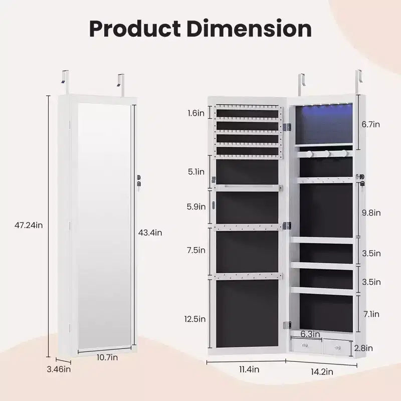 MAYEERTY 47.2in Wall Mounted Jewelry Armoire Door Hanging Large Capacity with 6 LEDs Lockable Organizer Cabinet Built In Mirror