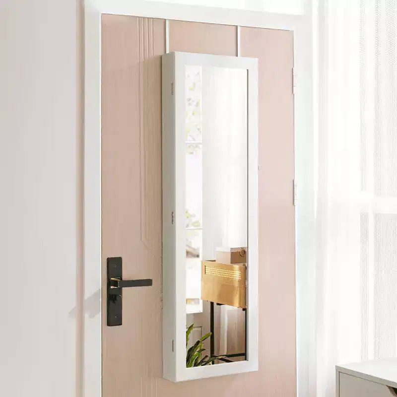 MAYEERTY 47.2in Wall Mounted Jewelry Armoire Door Hanging Large Capacity with 6 LEDs Lockable Organizer Cabinet Built In Mirror