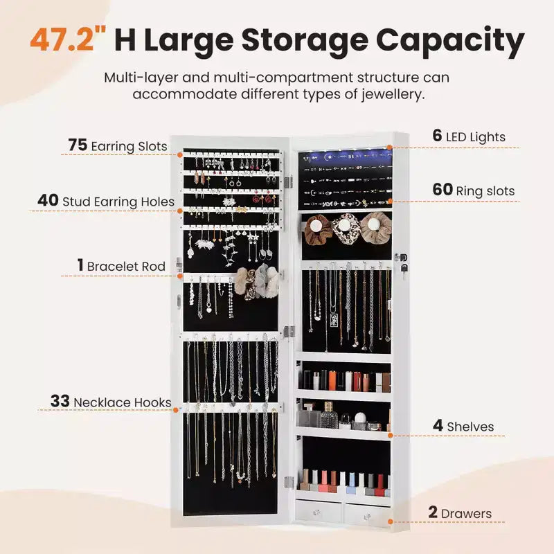 MAYEERTY 47.2in Wall Mounted Jewelry Armoire Door Hanging Large Capacity with 6 LEDs Lockable Organizer Cabinet Built In Mirror