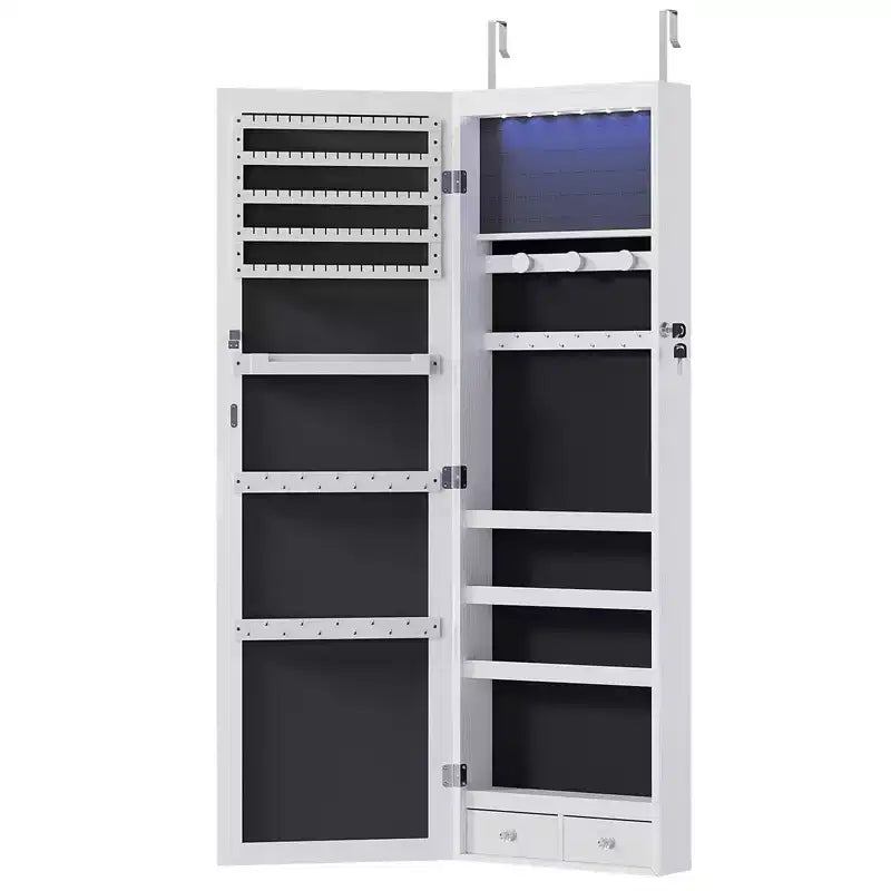 MAYEERTY 47.2in Wall Mounted Jewelry Armoire Door Hanging Large Capacity with 6 LEDs Lockable Organizer Cabinet Built In Mirror