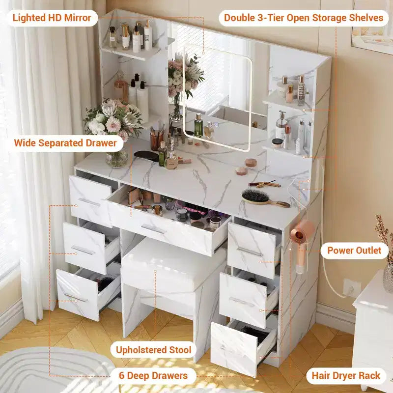 GustoWave Vanity Desk with Mirror, Led Lights, Power Outlet and Stool, Makeup Vanity Table with 7 Drawers, Dressing Table