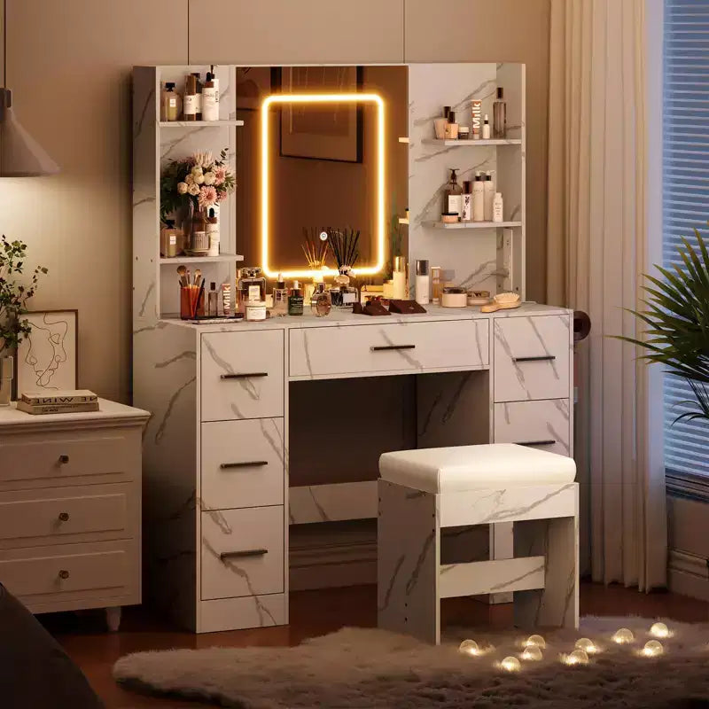 GustoWave Vanity Desk with Mirror, Led Lights, Power Outlet and Stool, Makeup Vanity Table with 7 Drawers, Dressing Table