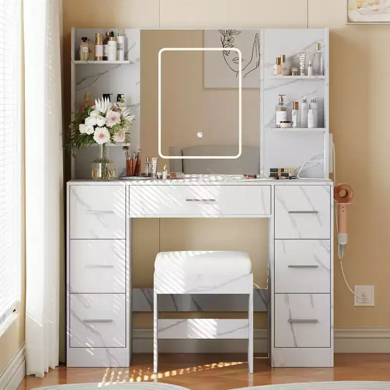 GustoWave Vanity Desk with Mirror, Led Lights, Power Outlet and Stool, Makeup Vanity Table with 7 Drawers, Dressing Table