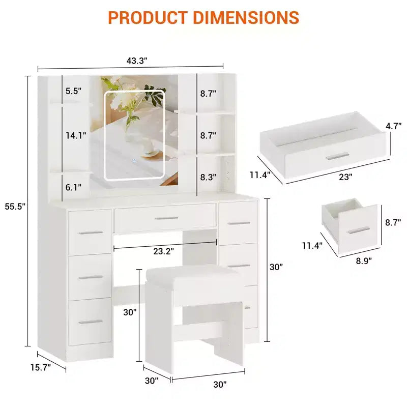 GustoWave Vanity Desk with Mirror, Led Lights, Power Outlet and Stool, Makeup Vanity Table with 7 Drawers, Dressing Table