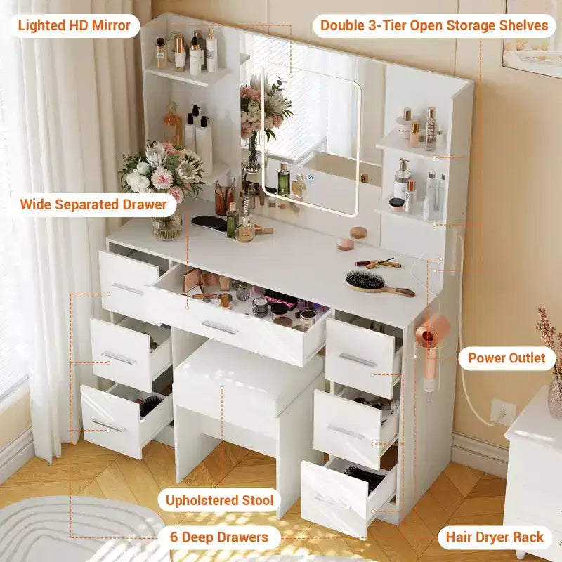 GustoWave Vanity Desk with Mirror, Led Lights, Power Outlet and Stool, Makeup Vanity Table with 7 Drawers, Dressing Table