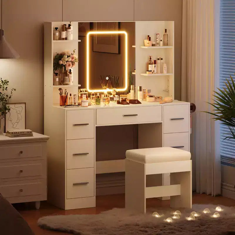 GustoWave Vanity Desk with Mirror, Led Lights, Power Outlet and Stool, Makeup Vanity Table with 7 Drawers, Dressing Table