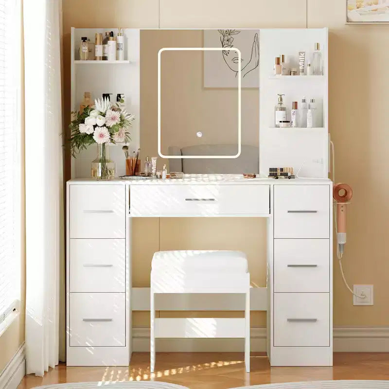 GustoWave Vanity Desk with Mirror, Led Lights, Power Outlet and Stool, Makeup Vanity Table with 7 Drawers, Dressing Table