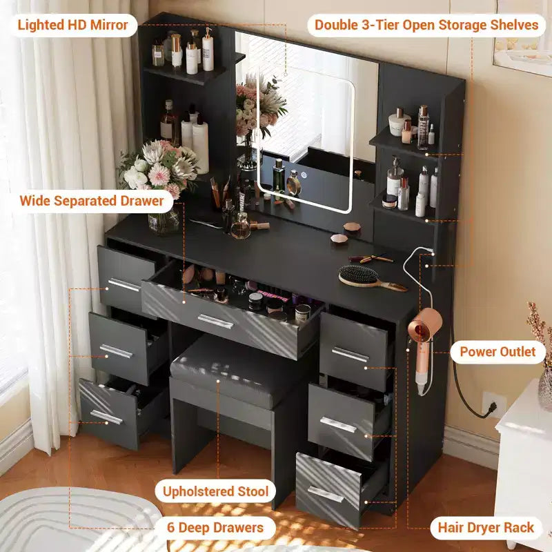 GustoWave Vanity Desk with Mirror, Led Lights, Power Outlet and Stool, Makeup Vanity Table with 7 Drawers, Dressing Table
