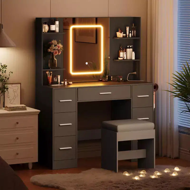 GustoWave Vanity Desk with Mirror, Led Lights, Power Outlet and Stool, Makeup Vanity Table with 7 Drawers, Dressing Table